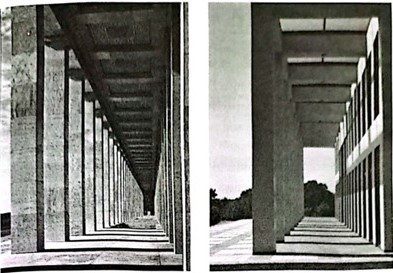 چپ: آلبرت اسپیر، راهروی سرپوشیده، زپلین فلد، نورنبرگ، 1939 راست: اوزووالد ماتیاس آنگرز، اقامتگاه سفرای آلمان، واشنگتن دی سی، 1995