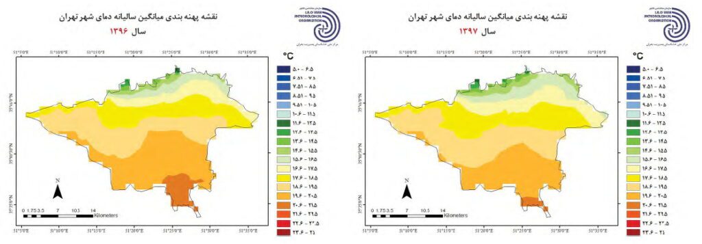 نقشه میانگین دمای استان تهران